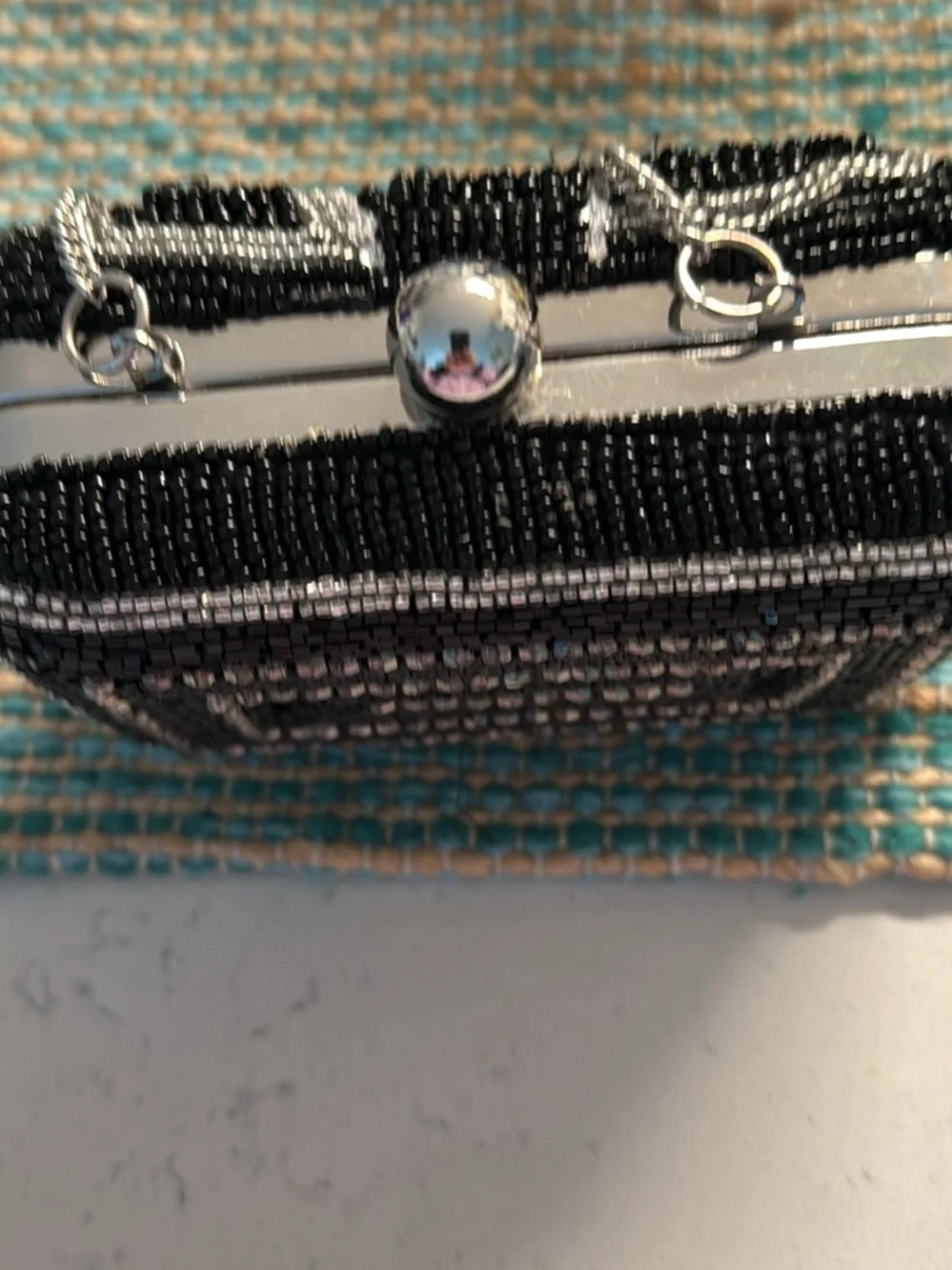 Black Beaded Camera-Shaped Evening Clutch with Crystal Accents